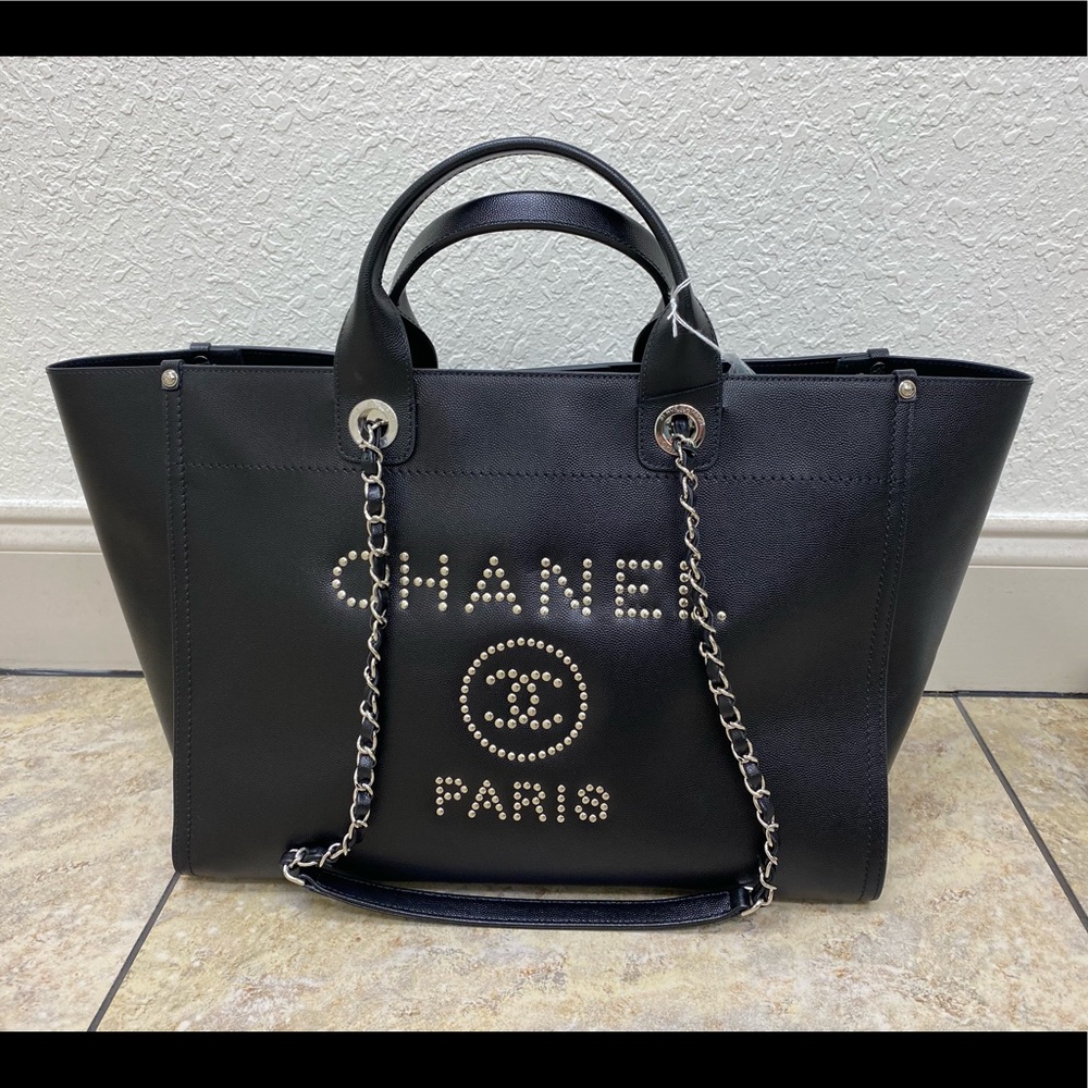 Chanel caviar large studded deauville tote